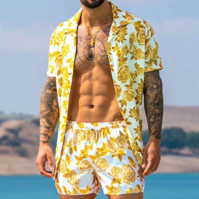 Men Hawaiian Sets Printing Breathable Short Sleeve Button Shirt Beach Shorts Streetwear Casual Mens Suit Summer 2 Pieces - DreamWeaversStore