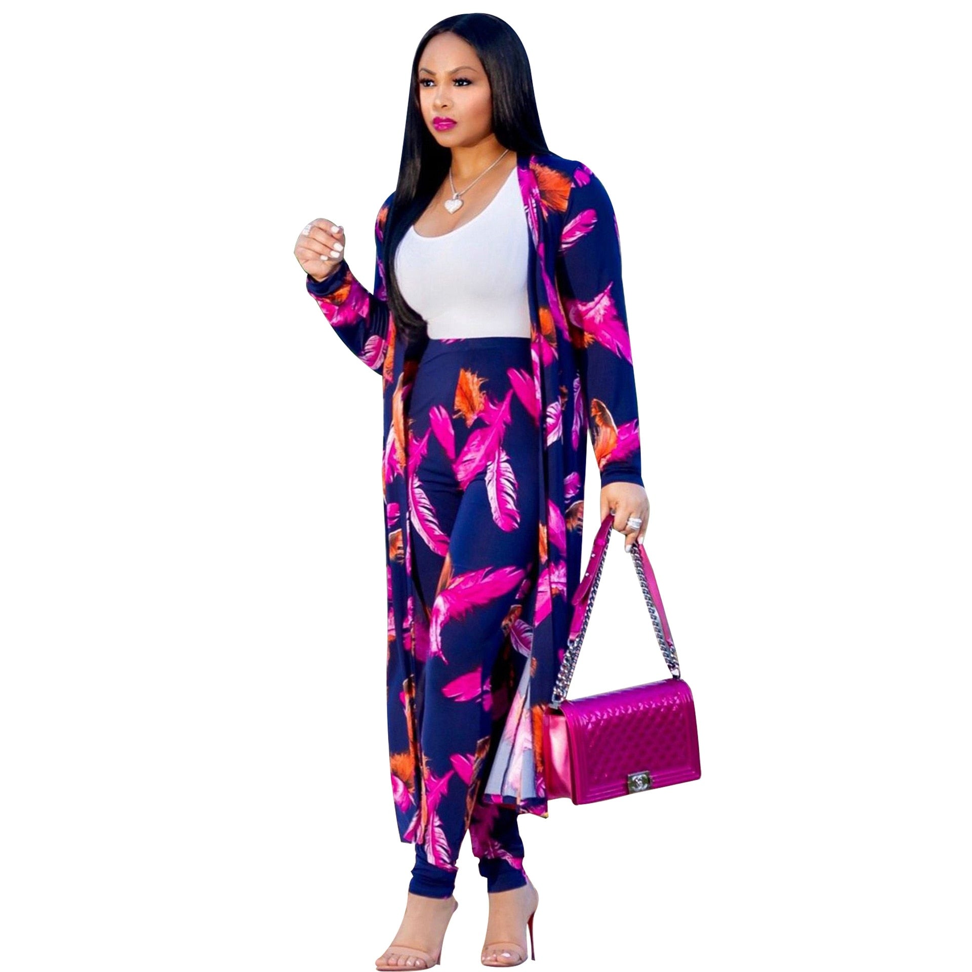 2 Piece Outfits for Women Printed Long Sleeves Coat and Full Length Pants Plus Size Two Piece Set - DreamWeaversStore