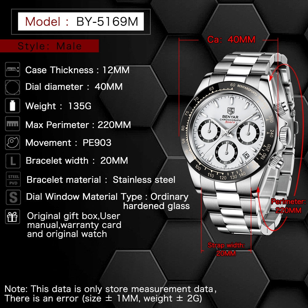 Relojes Hombre 2021 BENYAR New  Watches Men Luxury Brand Chronograph Male Sport Watches Waterproof Stainless Steel Quartz  Watch - DreamWeaversStore