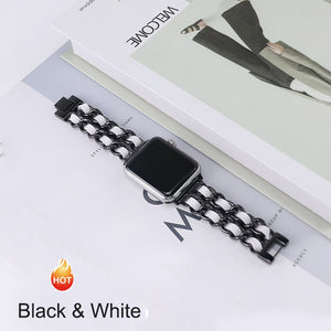 Strap For Apple Watch Series 7 41mm 45mm Chain Link Leather Bracelet For Apple Watch Band 42mm 44mm 40mm 38mm Watchband SE 6 5 4 - DreamWeaversStore