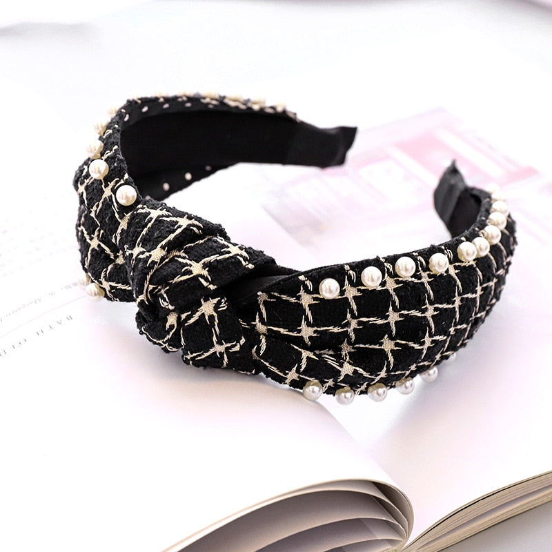 Woolen Plaid Pearl Knot Hairband Knotted Headband for Women Girls Hair Accessories - DreamWeaversStore