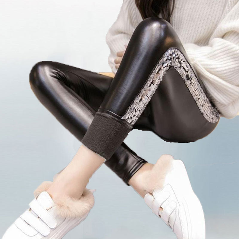 2019 New Side Sequins Feet Pants PU Leather Pants Women Autumn Winter High Waist Elastic Slim Plus Velvet Women pantalones mujer - DreamWeaversStore