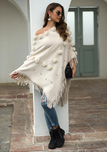 Fitshinling Fringe Hairball Bohemian Cloak Cape Oversized Sweater Female Knitwear Winter Clothing Irregular Poncho Women 2021 - DreamWeaversStore