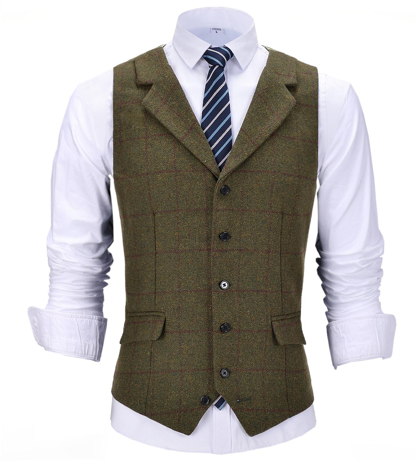 Casual Gentleman Men's Army Green Vest Plaid Soft Wool Brown Jacket Tweed Business Waistcoat For Groosmen Best Man Wedding - DreamWeaversStore