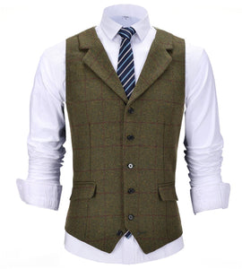 Casual Gentleman Men's Army Green Vest Plaid Soft Wool Brown Jacket Tweed Business Waistcoat For Groosmen Best Man Wedding - DreamWeaversStore