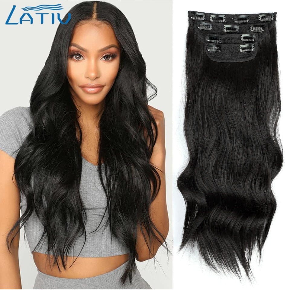 Lativ 4pcs/set Synthetic Long Wavy Hair Extensions Clip In Hair Extensions  Dark Brown Black Hairpiece High Temperature Fiber - DreamWeaversStore