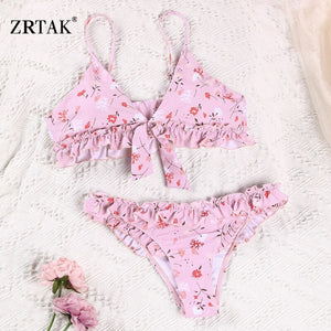 Zrtak Ruffle Bikini Floral Print Swimsuit Biquinis Feminino Bow Swimwear Lace Bikini Set Bathing Suit Women Bikins Hollow Out - DreamWeaversStore