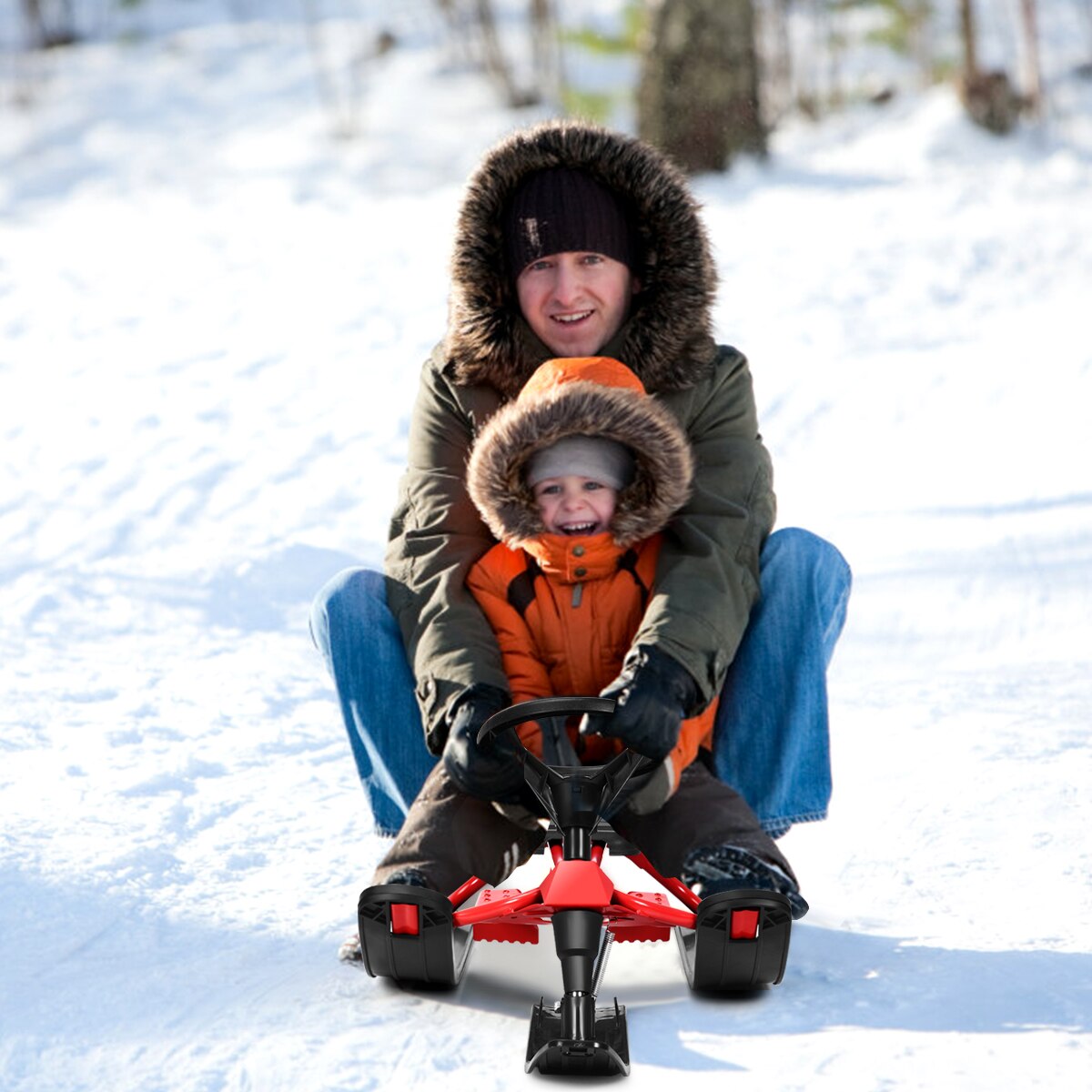 Kids Snow Racer Sled w/ Steering Wheel &amp; Double Brakes Pull Rope Iron Outdoor - DreamWeaversStore