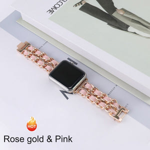 Strap For Apple Watch Series 7 41mm 45mm Chain Link Leather Bracelet For Apple Watch Band 42mm 44mm 40mm 38mm Watchband SE 6 5 4 - DreamWeaversStore