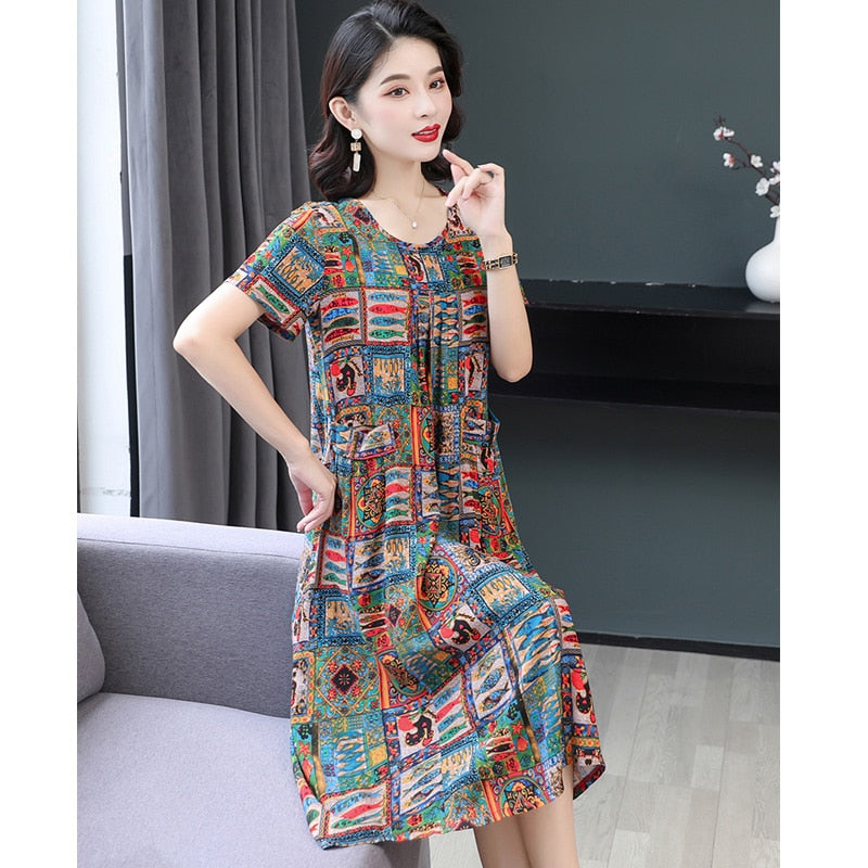 Summer Retro Print Women short Sleeve cotton plus size Dress Ladies Large Size Holiday Beach Vestidos - DreamWeaversStore