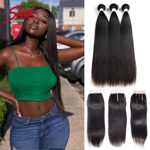 Sleek Brazilian Straight Human Hair Bundles With Closure Natural Color 3 Bundles With Closure 100% Natural Remy Hair Free Ship - DreamWeaversStore