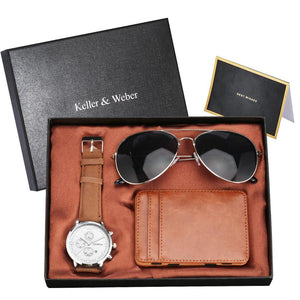 Luxury Rose Gold Men&#39;s Watch Leather Card Credit Holder Wallet Fashion Sunglasses Sets for Men Unique Gift for Boyfriend Husband - DreamWeaversStore