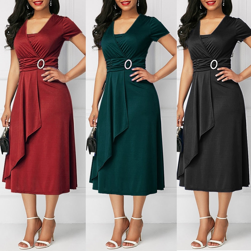 HOT SALE New Arrival Fashion Plus Size Dress Women Short Sleeve Asymmetric Hem Waist Tight Large Swing Midi Evening Party Dress - DreamWeaversStore