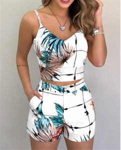 Fashion Women Shorts Suits 2Pieces Sets Summer Office Lady Floral Strap Tank Crop Top+High Waist Button Shorts Female Outfits - DreamWeaversStore