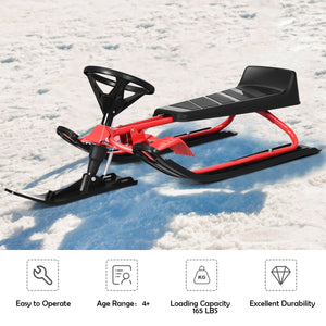 Kids Snow Racer Sled w/ Steering Wheel &amp; Double Brakes Pull Rope Iron Outdoor - DreamWeaversStore