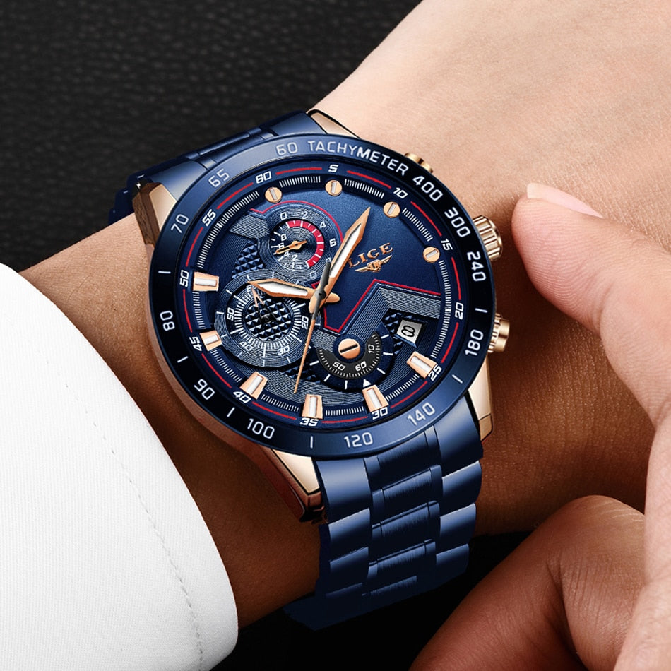 LIGE Business Men Watch Luxury Brand Blue Stainless Steel Wrist Watch Chronograph Army Military Quartz Watches Relogio Masculino - DreamWeaversStore