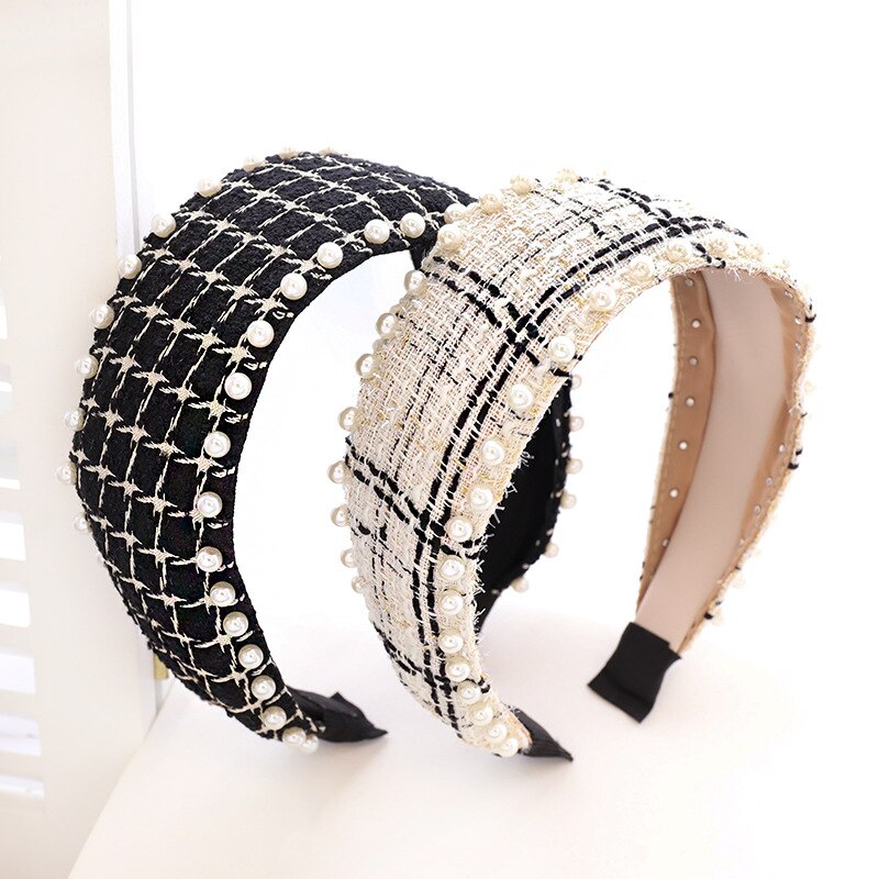 Woolen Plaid Pearl Knot Hairband Knotted Headband for Women Girls Hair Accessories - DreamWeaversStore