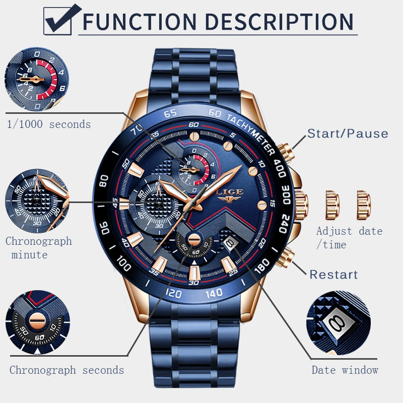 LIGE Business Men Watch Luxury Brand Blue Stainless Steel Wrist Watch Chronograph Army Military Quartz Watches Relogio Masculino - DreamWeaversStore