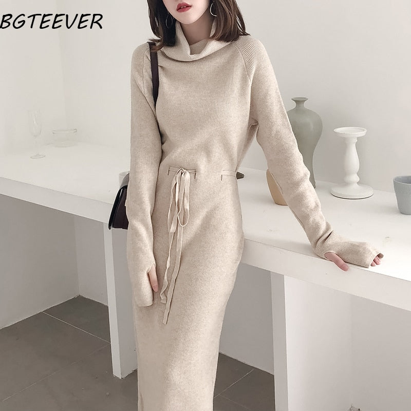 Winter Thicken Turtleneck Sweater Dress Women Lace Up Knitted Long Dress Female Knitwear Soft Vestidos 2021 high quality - DreamWeaversStore