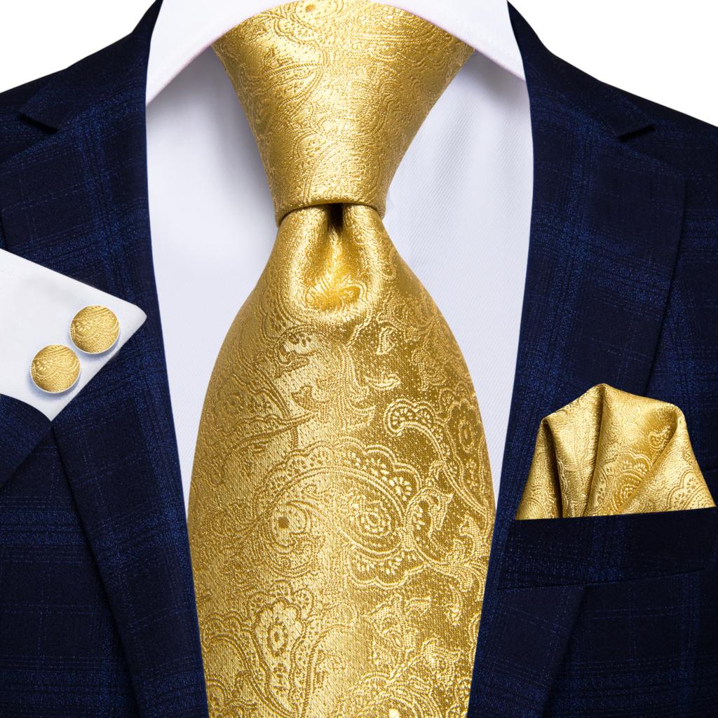 Hi-Tie Champagne Gold Striped Paisley Solid Men Silk Wedding Tie Fashion Design Necktie For Men Hanky Cufflink Business Party - DreamWeaversStore