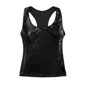 Women Crop Top Sexy Deep U Shiny Metallic Tanks Sleeveless Party Rave Pole Dance Tops Wet Look Streetwear Camisole Cropped Vest - DreamWeaversStore