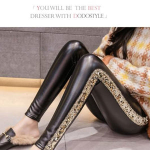 2019 New Side Sequins Feet Pants PU Leather Pants Women Autumn Winter High Waist Elastic Slim Plus Velvet Women pantalones mujer - DreamWeaversStore