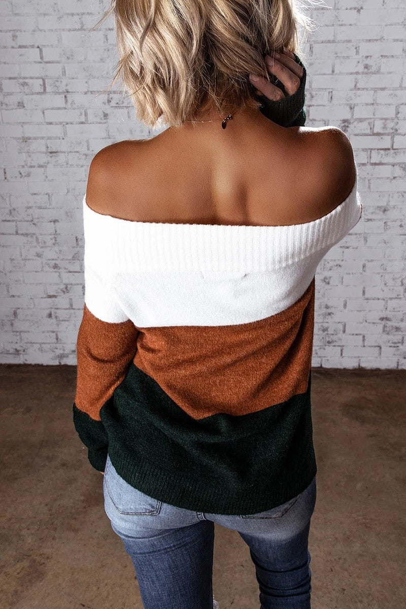 Fitshinling Off Shoulder Women's Knitwear Sweater Autumn Pullover Sexy Slim Patchwork Jumper Bohemian Holiday Sweaters 2021 New - DreamWeaversStore