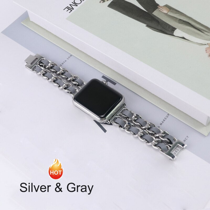 Strap For Apple Watch Series 7 41mm 45mm Chain Link Leather Bracelet For Apple Watch Band 42mm 44mm 40mm 38mm Watchband SE 6 5 4 - DreamWeaversStore