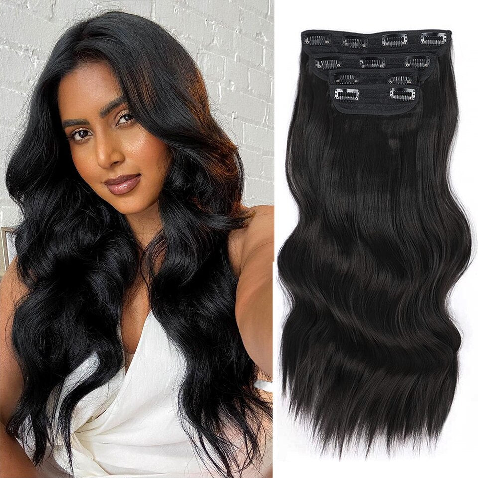 Lativ 4pcs/set Synthetic Long Wavy Hair Extensions Clip In Hair Extensions  Dark Brown Black Hairpiece High Temperature Fiber - DreamWeaversStore