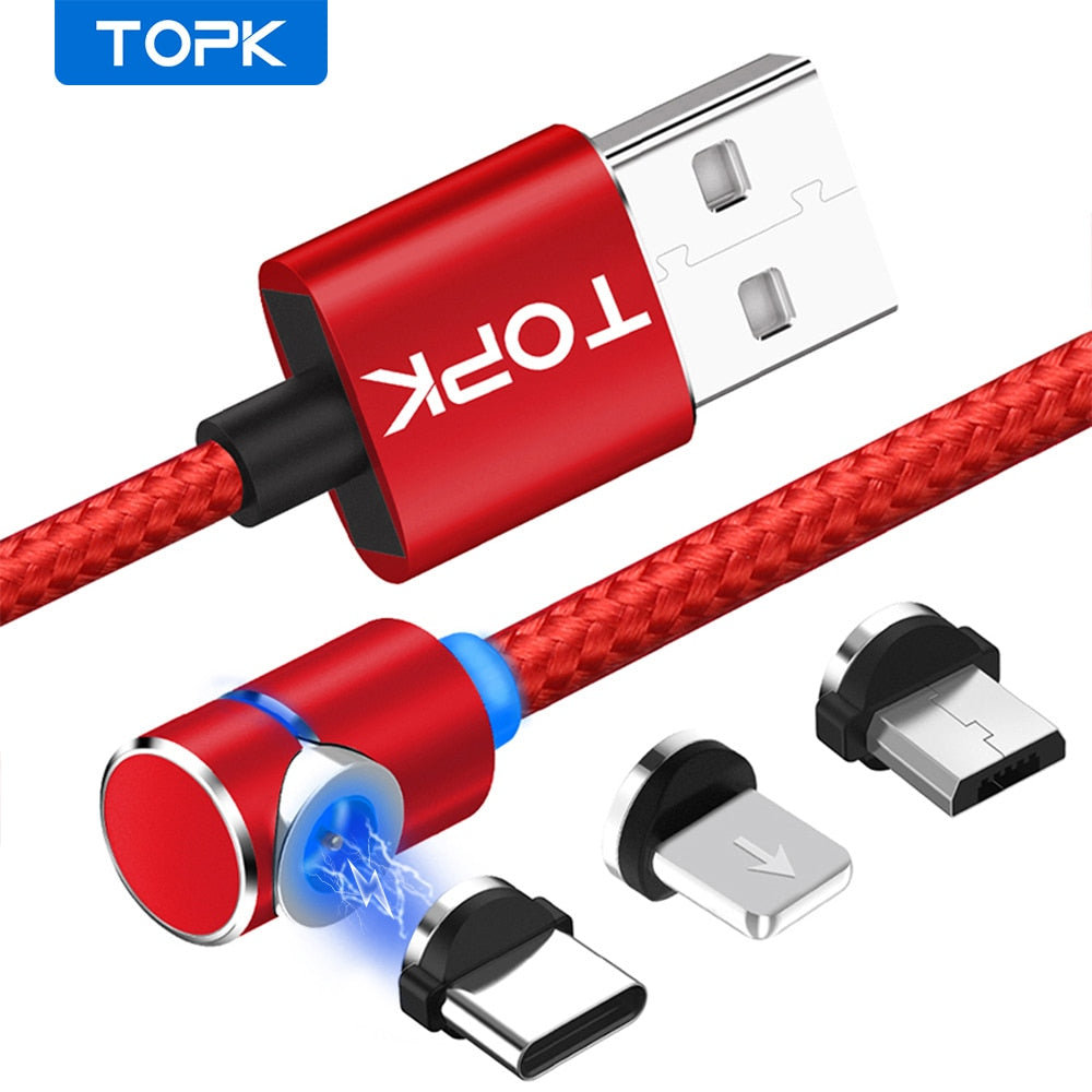 TOPK AM30 90 Degree Magnetic Cable LED Magnet Charger Cable for iPhone Xs Max X 8 7 5 & Micro USB Cable & USB Type-C USB C - DreamWeaversStore