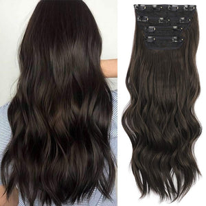 Lativ 4pcs/set Synthetic Long Wavy Hair Extensions Clip In Hair Extensions  Dark Brown Black Hairpiece High Temperature Fiber - DreamWeaversStore