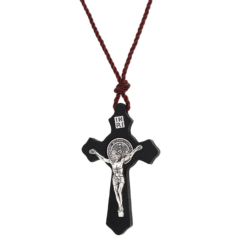 Religious INRI Crucifix Necklace for Men Women's Catholic Small Wooden Cross Necklace Pendant Jewelry Rope Chains Collier 60CM - DreamWeaversStore