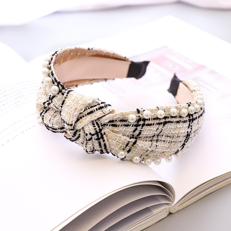 Woolen Plaid Pearl Knot Hairband Knotted Headband for Women Girls Hair Accessories - DreamWeaversStore