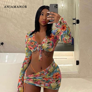 ANJAMANOR Floral Printed Mesh Sexy Top and Skirts Sets Summer Vacation Outfits 2021 Rave Party Club Wear Two Piece Set D85-CE11 - DreamWeaversStore