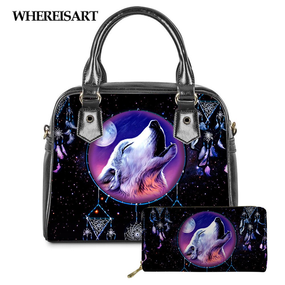 WHEREISART 2PCS Wolf Night Prints Women Shoulder/Messenger/Hand Bag Ladies Daily Top-handle Bag Tote Bag with Long Purse - DreamWeaversStore