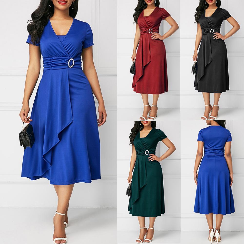 HOT SALE New Arrival Fashion Plus Size Dress Women Short Sleeve Asymmetric Hem Waist Tight Large Swing Midi Evening Party Dress - DreamWeaversStore