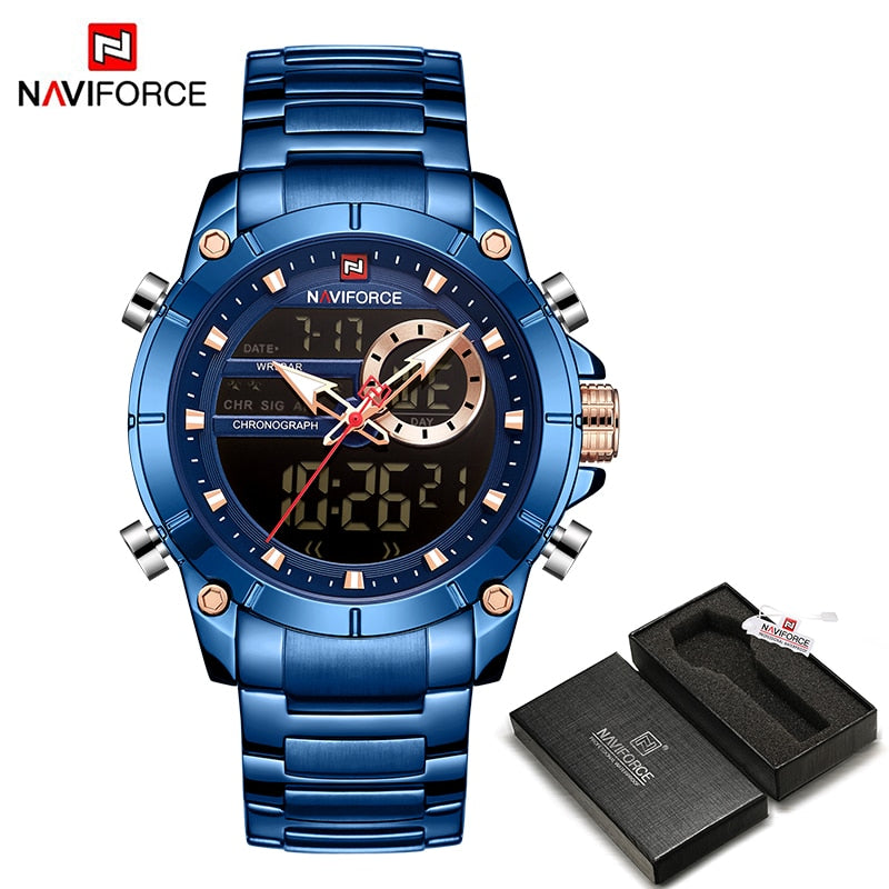 NAVIFORCE Men Military Sport Wrist Watch Gold Quartz Steel Waterproof Dual Display Male Clock Watches Relogio Masculino 9163 - DreamWeaversStore