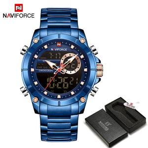 NAVIFORCE Men Military Sport Wrist Watch Gold Quartz Steel Waterproof Dual Display Male Clock Watches Relogio Masculino 9163 - DreamWeaversStore