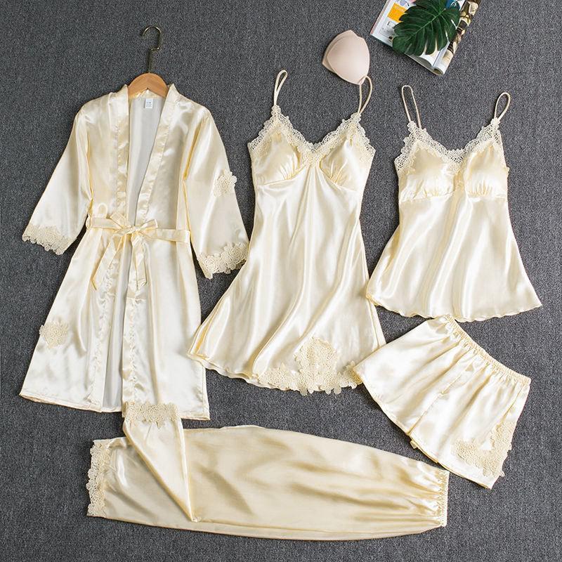 Sleepwear Female 5PCS Pajamas Set Satin Pyjamamas Lace Patchwork Bridal Wedding Nightwear Rayon Home Wear Nighty&Robe Suit - DreamWeaversStore