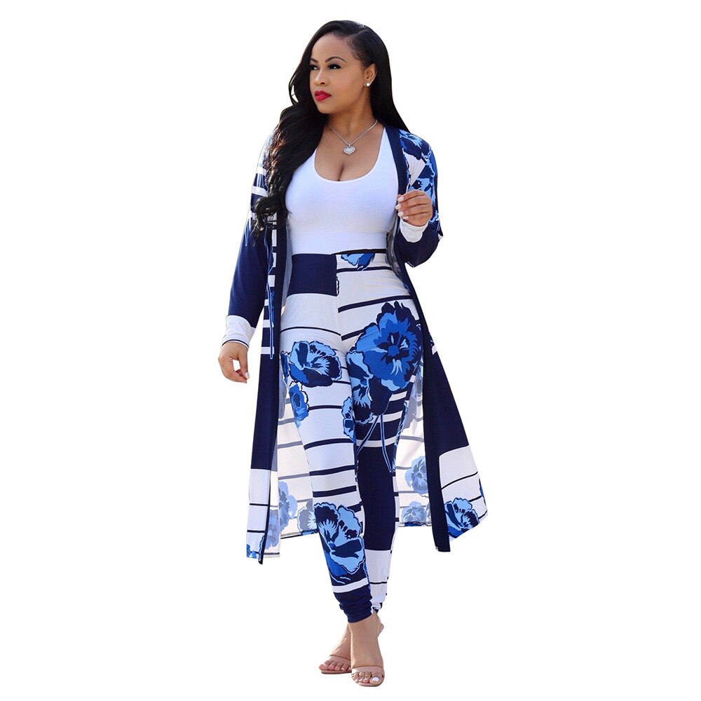 2 Piece Outfits for Women Printed Long Sleeves Coat and Full Length Pants Plus Size Two Piece Set - DreamWeaversStore