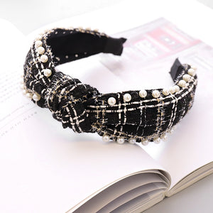 Woolen Plaid Pearl Knot Hairband Knotted Headband for Women Girls Hair Accessories - DreamWeaversStore