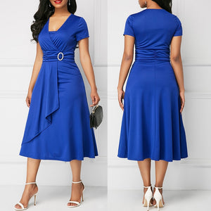 HOT SALE New Arrival Fashion Plus Size Dress Women Short Sleeve Asymmetric Hem Waist Tight Large Swing Midi Evening Party Dress - DreamWeaversStore