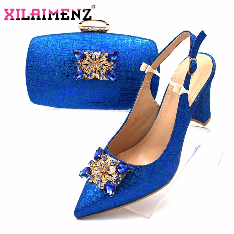 Classics African Women Royal Wedding Party Shoes and Bag to Match with Shinning Crystal in Royal Blue Color Italian Style Set - DreamWeaversStore