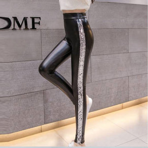 2019 New Side Sequins Feet Pants PU Leather Pants Women Autumn Winter High Waist Elastic Slim Plus Velvet Women pantalones mujer - DreamWeaversStore