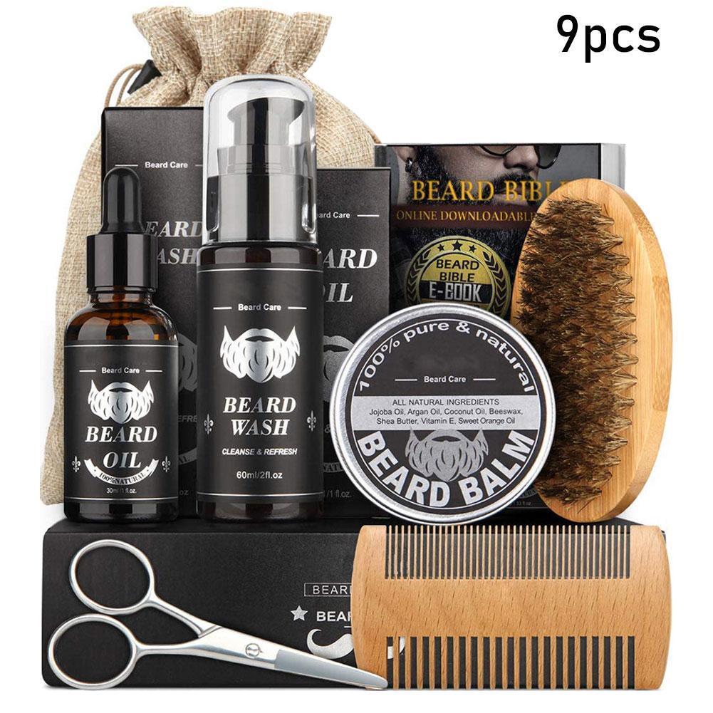 9-piece Beard Care Kit, Beard Growth Kit For Men, Scissors, Brush, Softener, Beard Double-sided Beech Comb, Grate Q7P7 - DreamWeaversStore