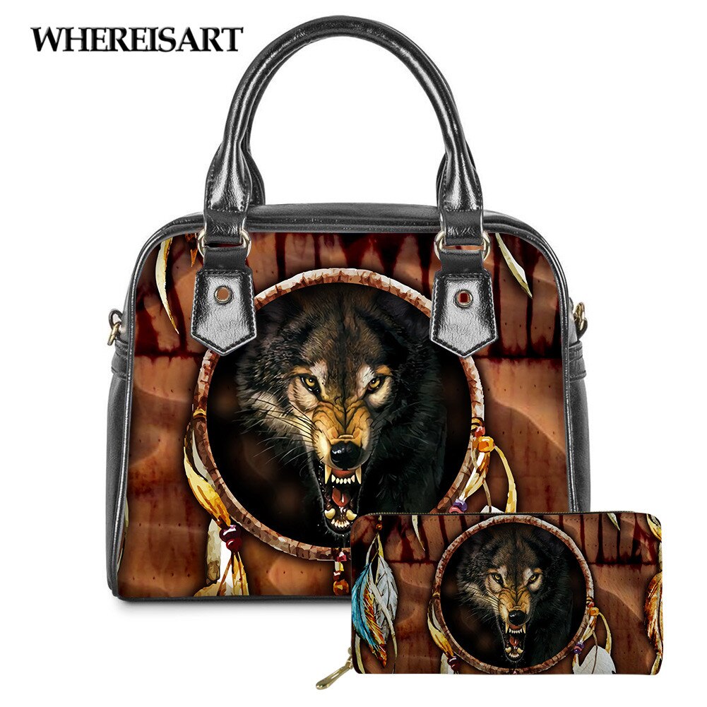 WHEREISART 2PCS Wolf Night Prints Women Shoulder/Messenger/Hand Bag Ladies Daily Top-handle Bag Tote Bag with Long Purse - DreamWeaversStore