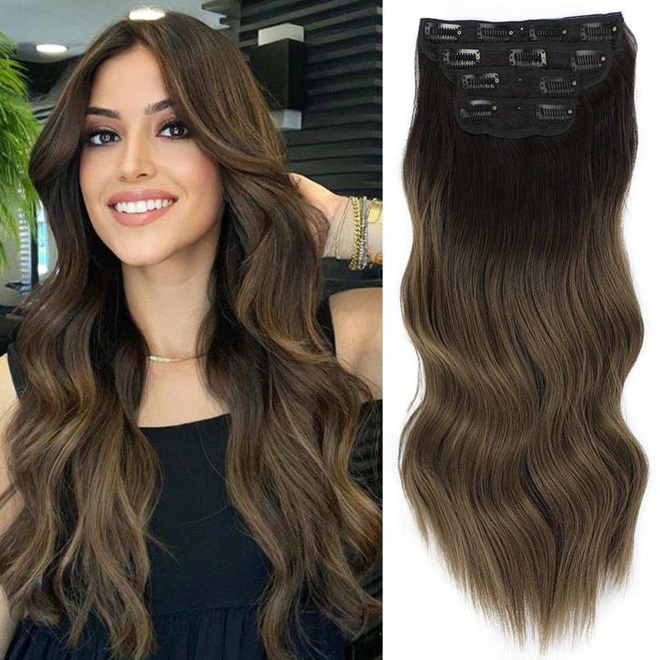 Lativ 4pcs/set Synthetic Long Wavy Hair Extensions Clip In Hair Extensions  Dark Brown Black Hairpiece High Temperature Fiber - DreamWeaversStore