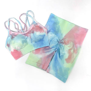 Women Tracksuit Casual Tie Dye Fitness Sportswear Workout Sports Tube Top Running Shorts High Waist Leggings Summer Shorts Set - DreamWeaversStore