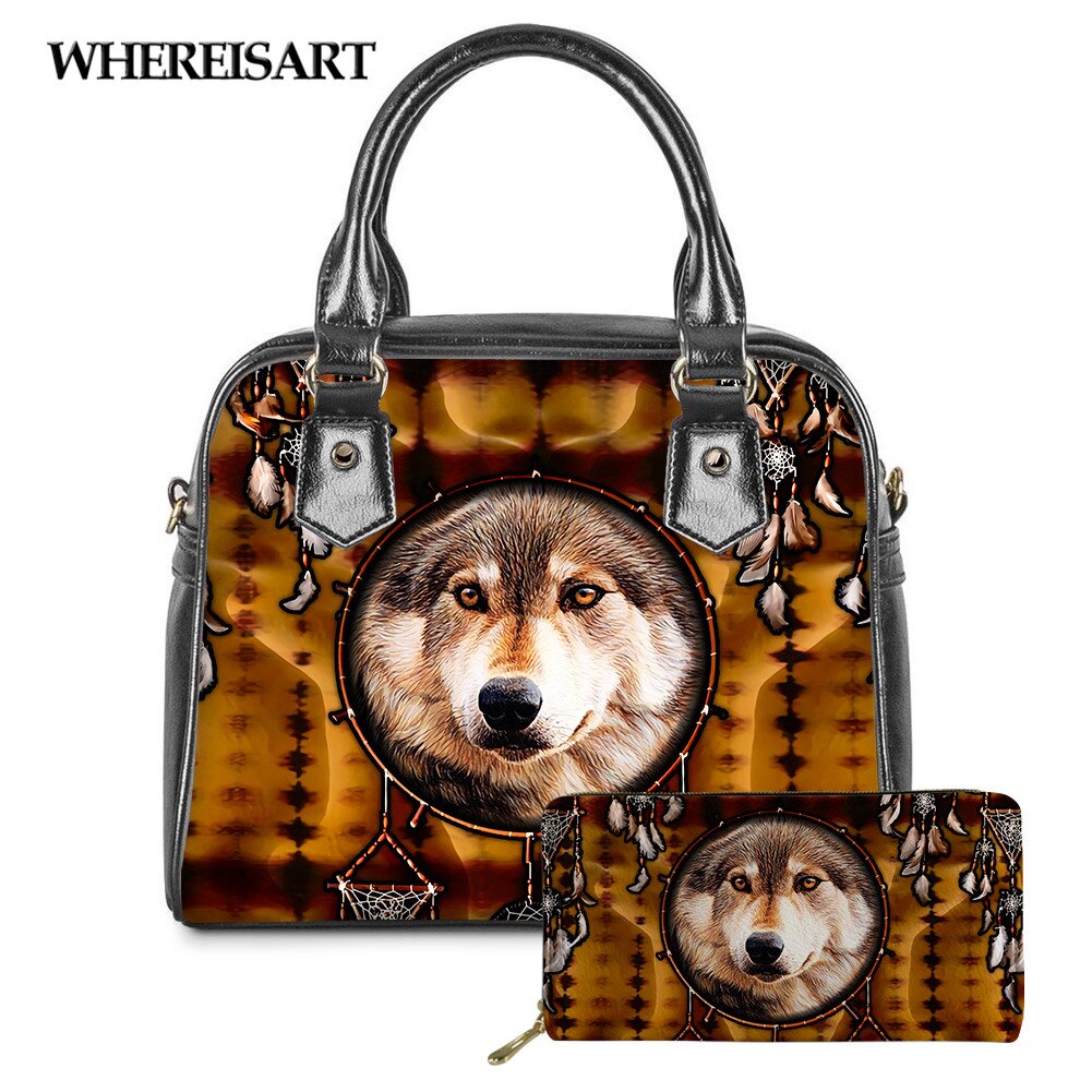 WHEREISART 2PCS Wolf Night Prints Women Shoulder/Messenger/Hand Bag Ladies Daily Top-handle Bag Tote Bag with Long Purse - DreamWeaversStore