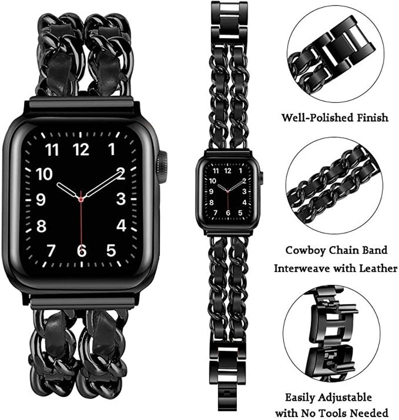 Strap For Apple Watch Series 7 41mm 45mm Chain Link Leather Bracelet For Apple Watch Band 42mm 44mm 40mm 38mm Watchband SE 6 5 4 - DreamWeaversStore